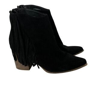 Steve Madden Black Fringe Western Boots 10 Leather Pointed Toe Ankle Country